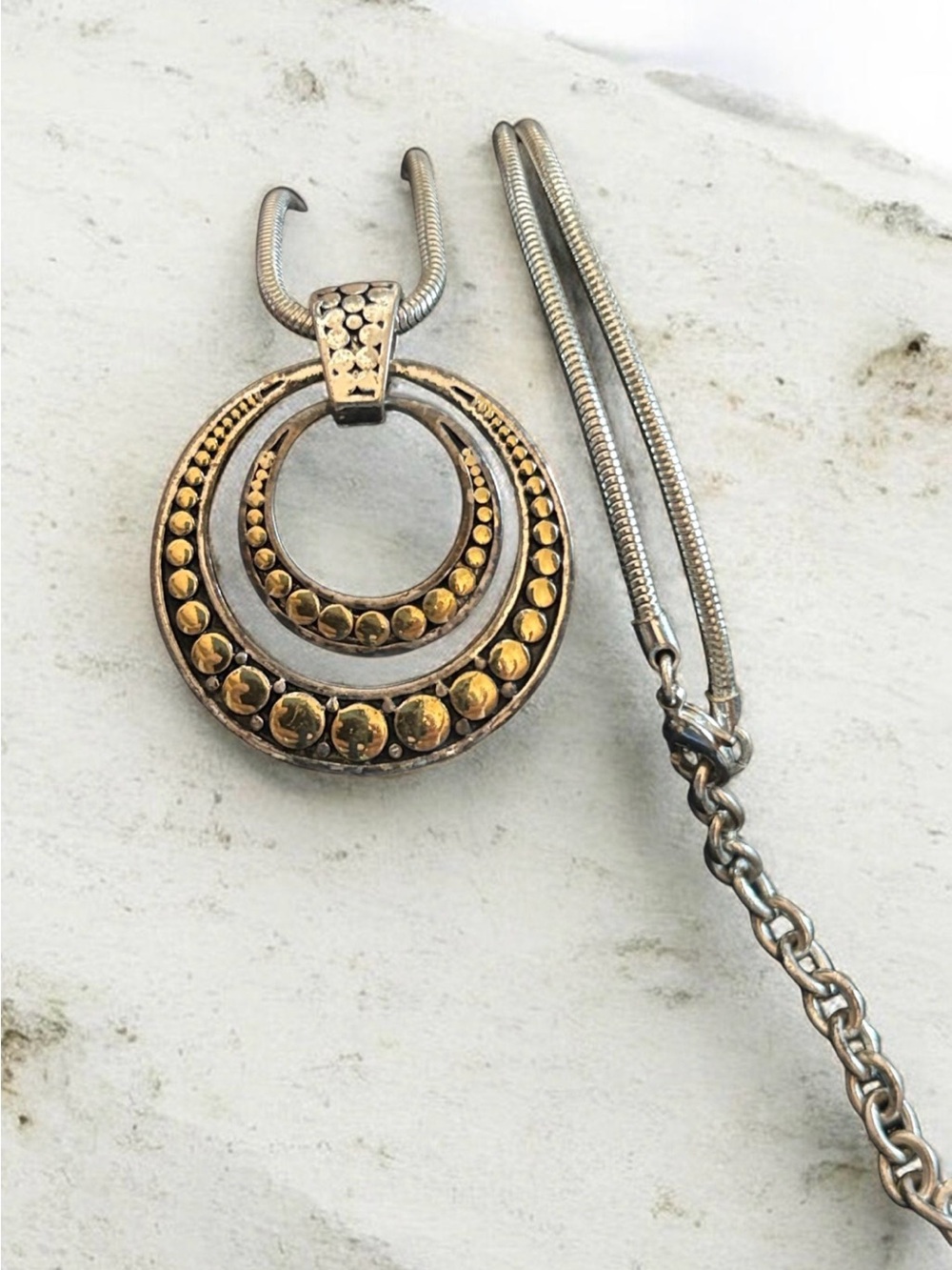 Textured Double Circle Silver Pendant Necklace